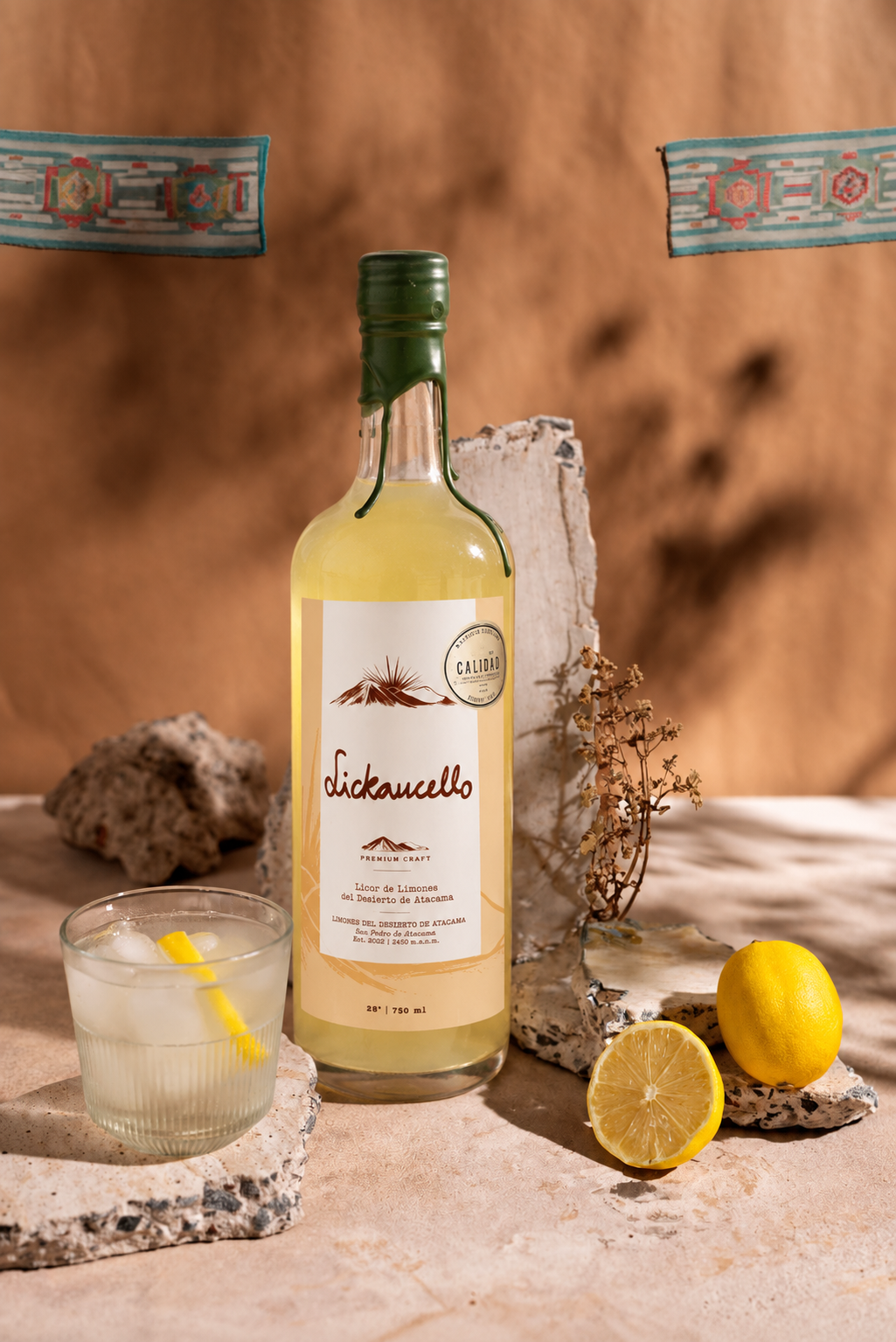Lickancello 750 ml sobre piedra volcánica junto a un vaso con hielo y limón