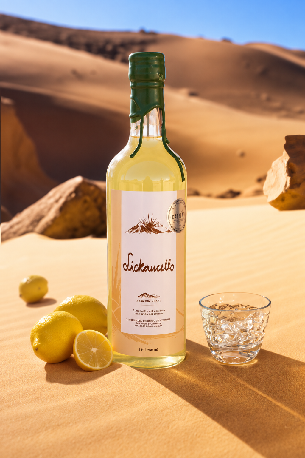 Botella de Lickancello 750 ml en las dunas del Desierto de Atacama