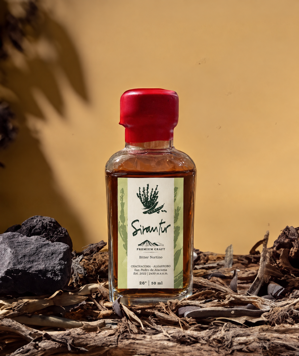 Frasco de Sirantur 50 ml entre piedras volcánicas y madera seca