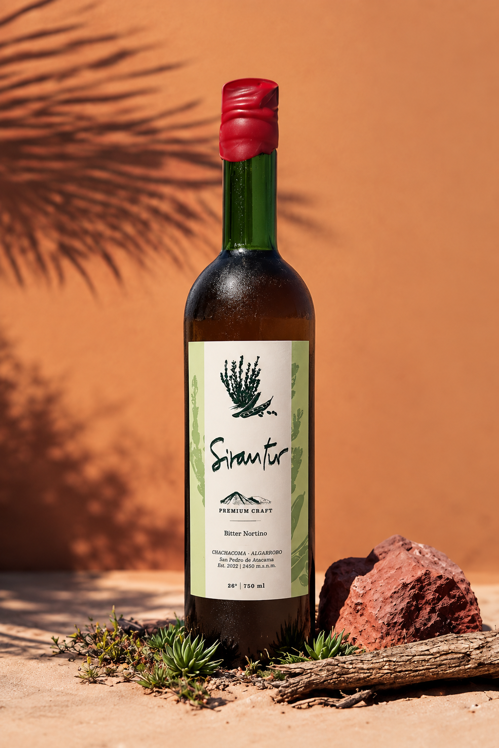 Sirantur 750 ml sobre tierra del desierto con plantas nativas y roca roja